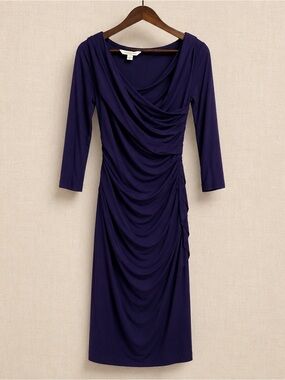 DVF Bentley Ruched Jersey Dress Cobalt Blue Cowl Neck Midi Dress S
